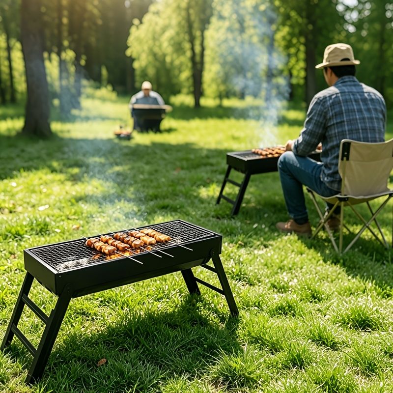 Portable foldable barbecue grill with adjustable height and built-in side rack - heavy-duty metal outdoor barbecue grill, suitable for backyard, camping, picnic - compact storage design with external barbecue cover, durable paint surface, suitable for out