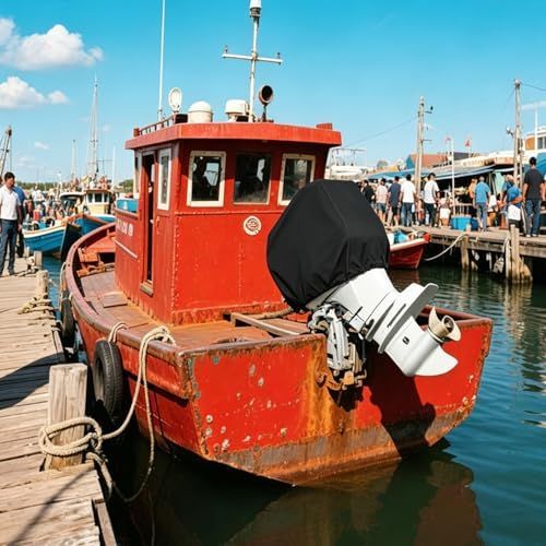 Fit:60-100HP  Small Outboard Motor Cover, Boat Motor Cover Black Waterproof Oxford Fabric, Sunproof, All-Weather Protection, Boat Hood Cover Fit Yamaha, Mercury, Suzuki, Tohatsu, Honda - Black