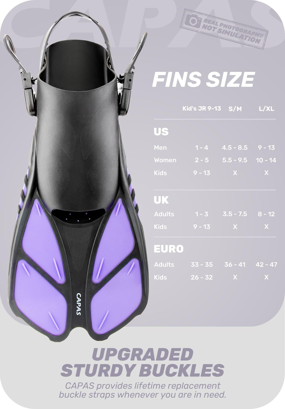 Purple Adjustable Open Heel Snorkel Fins, Travel-Size Short Swim Flippers for Snorkeling, Diving & Swimming, Adult Men & Women（L/XL）