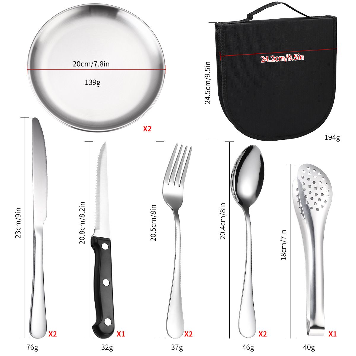 10Pcs Portable Camping Cutlery Set, Stainless Steel Picnic Utensils with Plates and Bottle Opener, Portable Cooking Utensils for 2, for Camping, Picnic, Outdoor Hiking