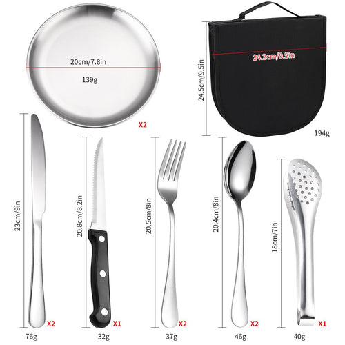10Pcs Portable Camping Cutlery Set, Stainless Steel Picnic Utensils with Plates and Bottle Opener, Portable Cooking Utensils for 2, for Camping, Picnic, Outdoor Hiking