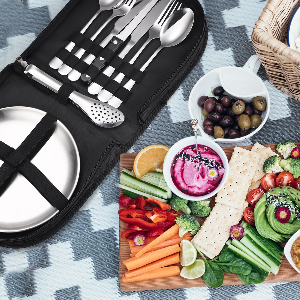 10Pcs Portable Camping Cutlery Set, Stainless Steel Picnic Utensils with Plates and Bottle Opener, Portable Cooking Utensils for 2, for Camping, Picnic, Outdoor Hiking