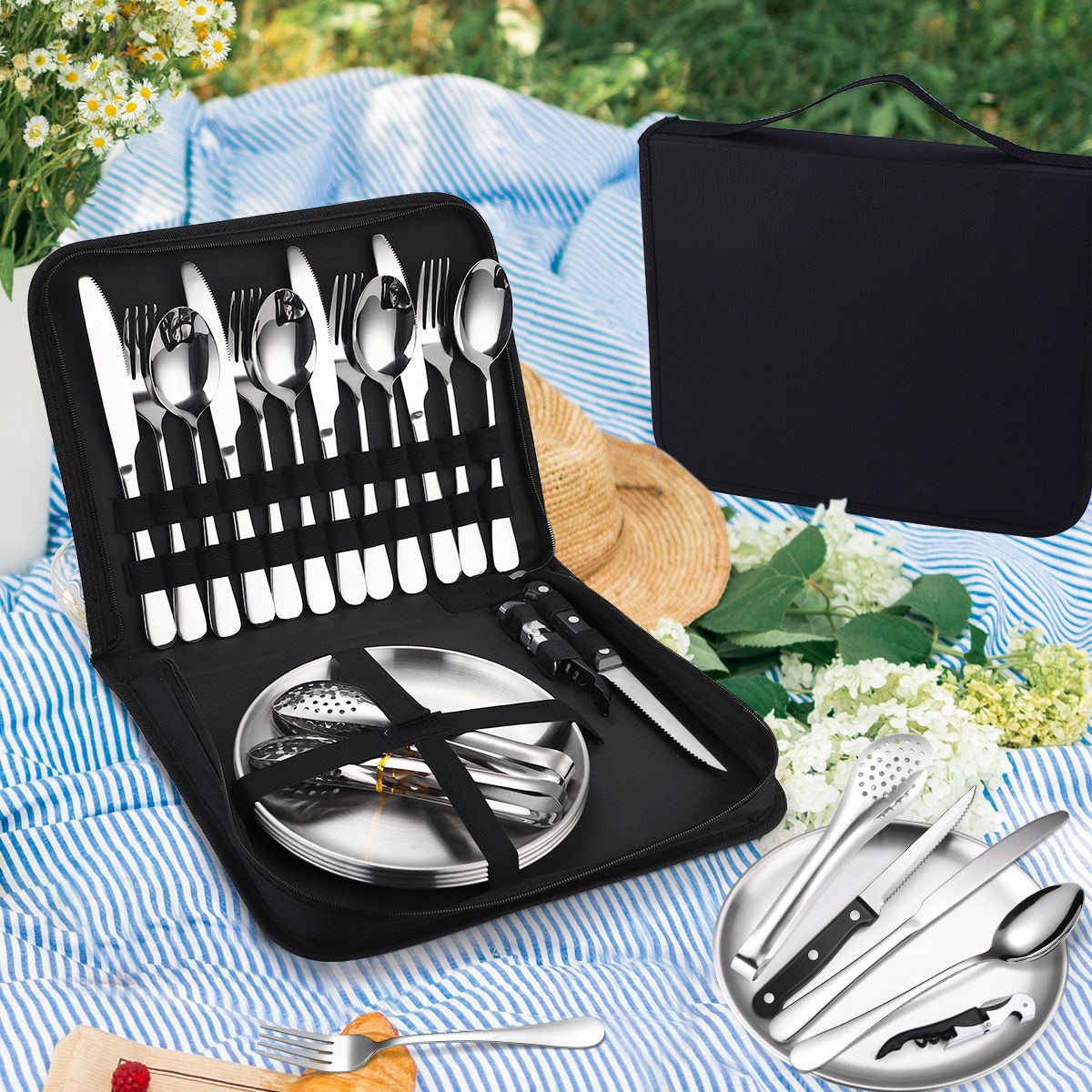 20Pcs Portable Camping Cutlery Set, Stainless Steel Picnic Utensils with Plates and Bottle Opener, Portable Cooking Utensils for 2, for Camping, Picnic, Outdoor Hiking