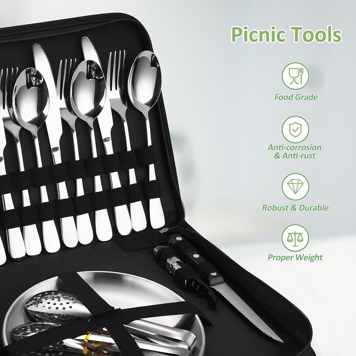20Pcs Portable Camping Cutlery Set, Stainless Steel Picnic Utensils with Plates and Bottle Opener, Portable Cooking Utensils for 2, for Camping, Picnic, Outdoor Hiking