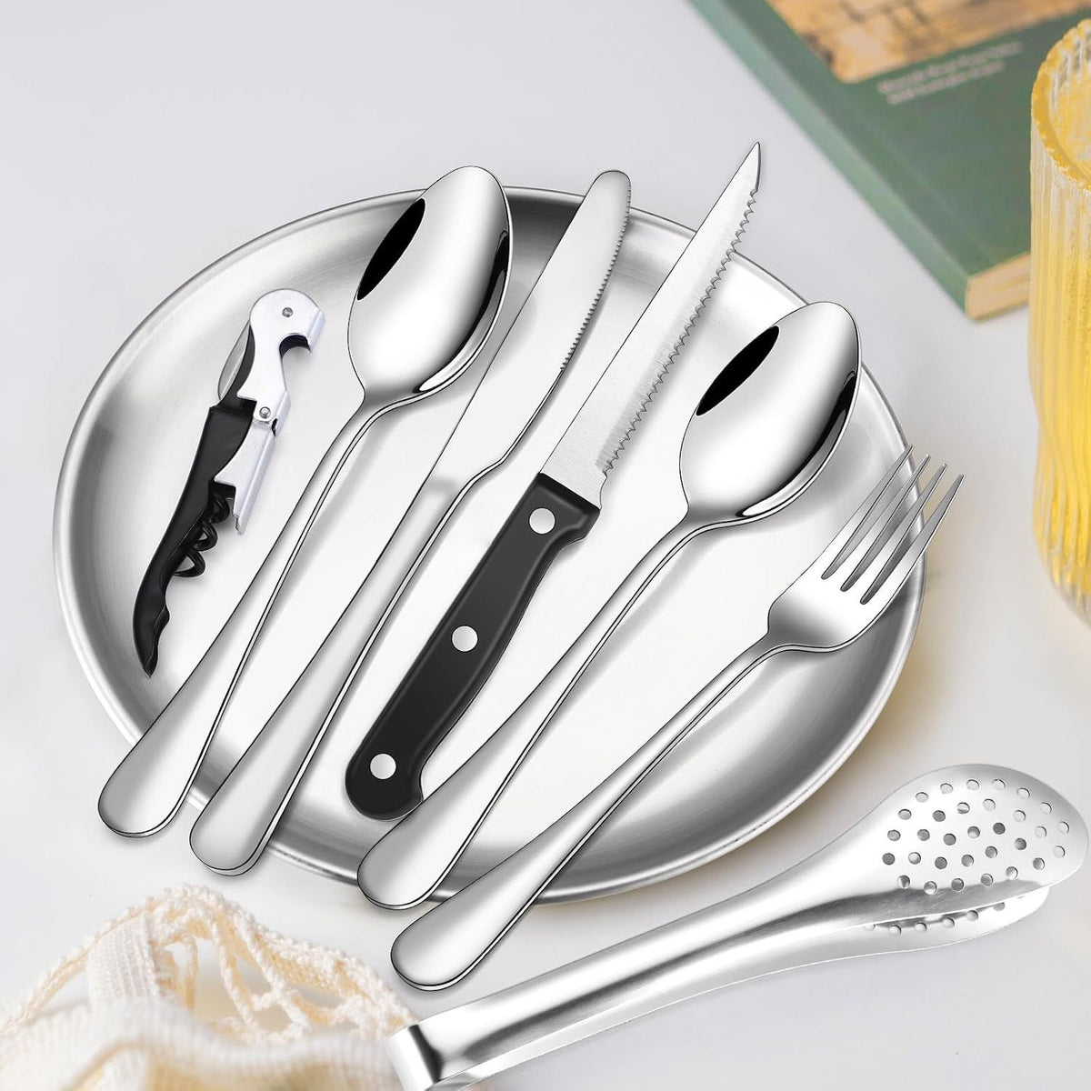 20Pcs Portable Camping Cutlery Set, Stainless Steel Picnic Utensils with Plates and Bottle Opener, Portable Cooking Utensils for 2, for Camping, Picnic, Outdoor Hiking
