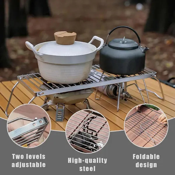 1 Piece Foldable Stainless Steel Camping Grill, Adjustable Rack for Picnics, Indoor BBQs and Outdoor Cooking, Silver, 30 x 16 cm