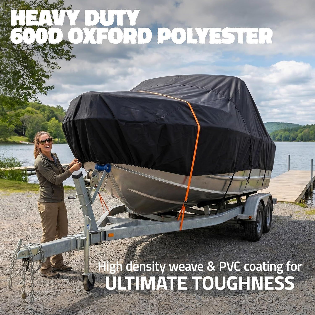 600D Heavy Duty Waterproof Boat Cover, Black, 19-21FT, 770*480cm