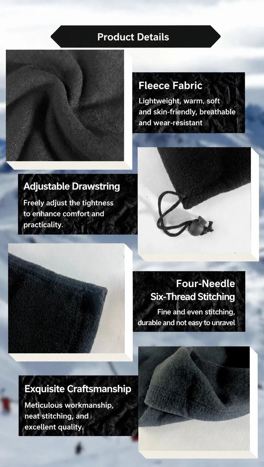 Cozy Snow Trip Essential Fleece Lined Drawstring Neck Gaiter, Navy, Wind Block Neck Protector