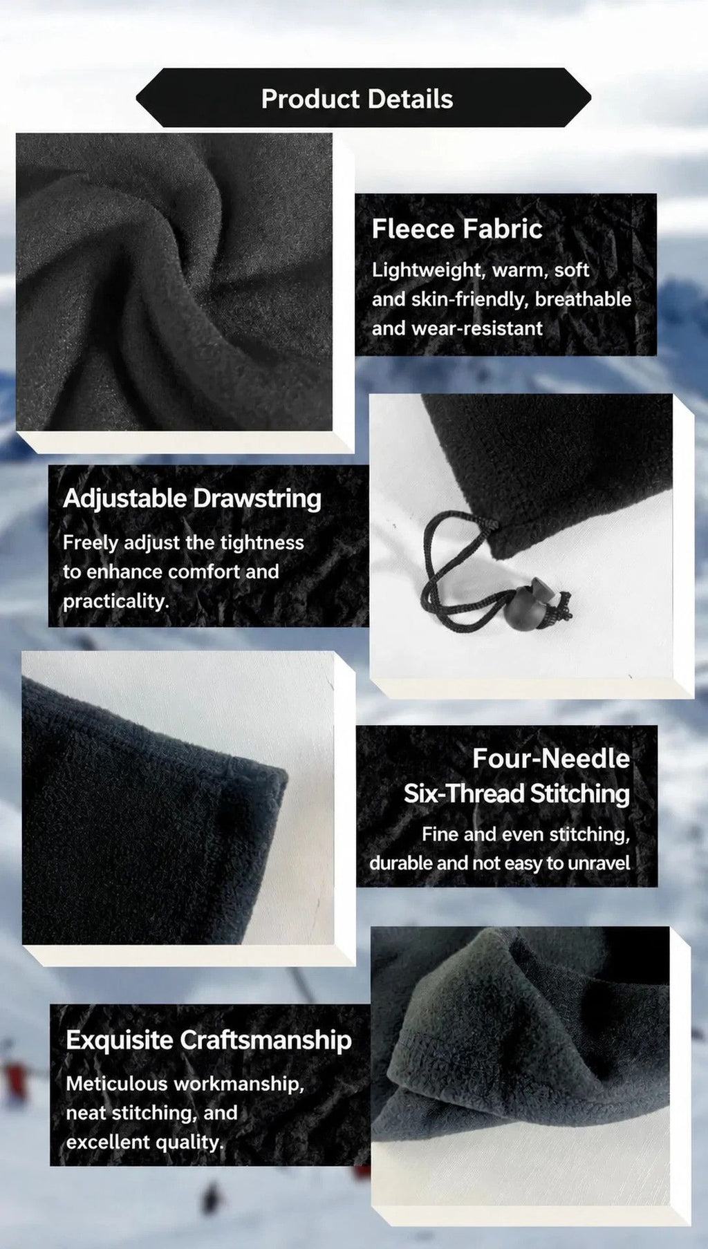 Cosy Winter Sport Bundle Fleece Drawstring Neck Gaiters 2 Pcs, Navy, Wind Block Ski Accessory