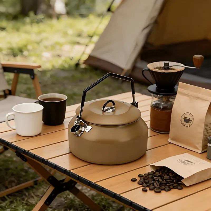 Portable Camping Kettle, 304 Stainless Steel, 1000ML Ultra-Light, Self-Standing Silicone Grip, Damping Lid, Dual-Ring Base（khaki）