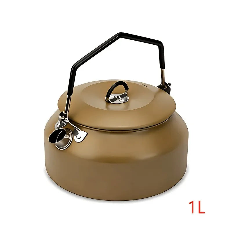 Portable Camping Kettle, 304 Stainless Steel, 1000ML Ultra-Light, Self-Standing Silicone Grip, Damping Lid, Dual-Ring Base（khaki）