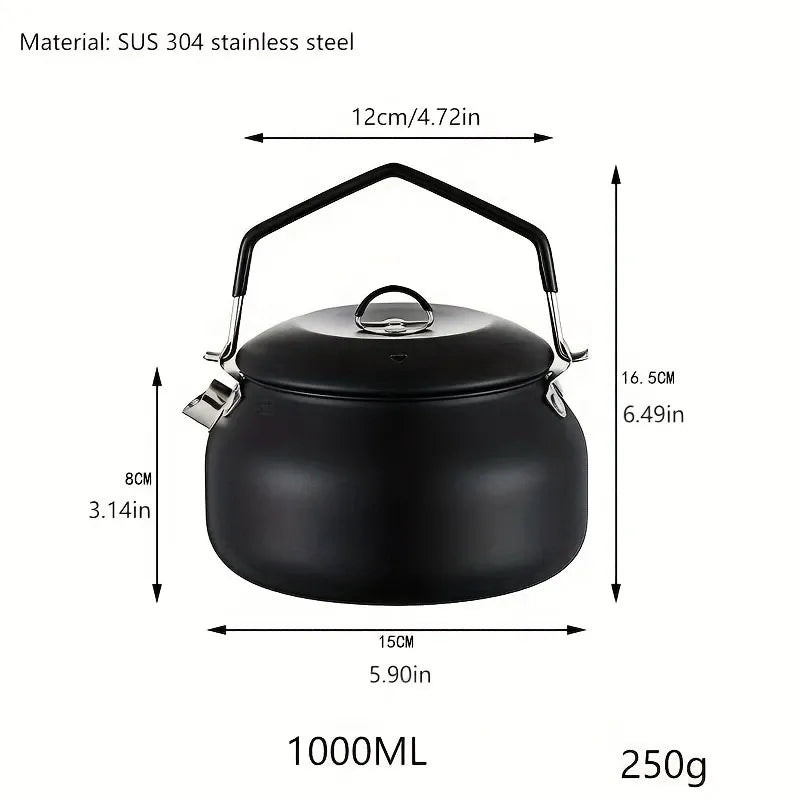 Portable Camping Kettle, 304 Stainless Steel, 1000ML Ultra-Light, Self-Standing Silicone Grip, Damping Lid, Dual-Ring Base（khaki）