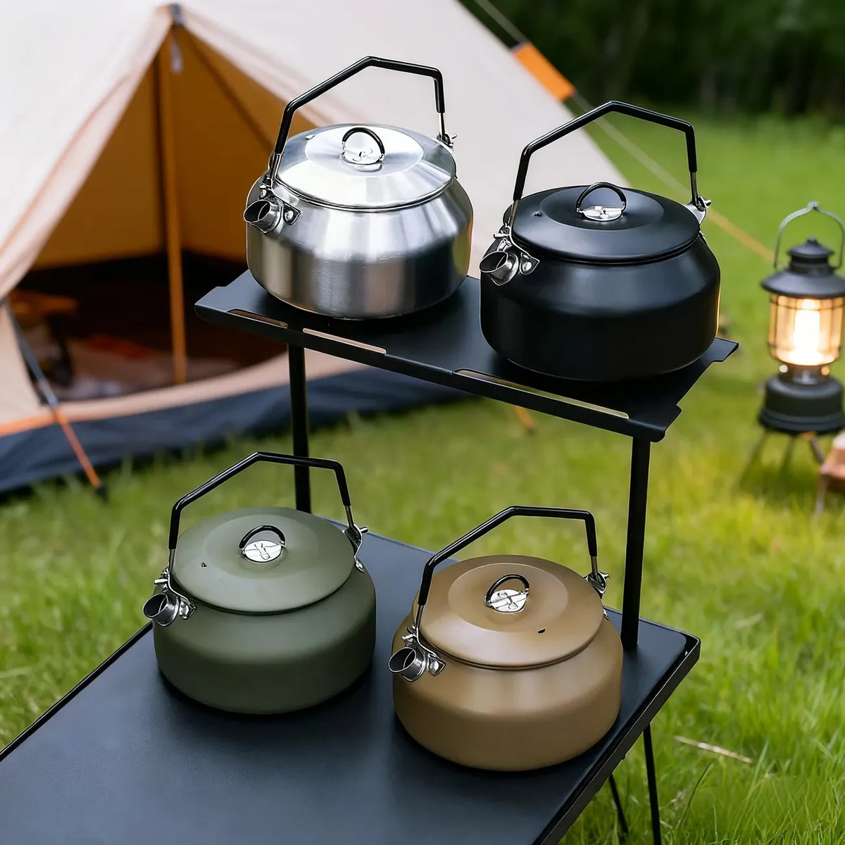 Portable Camping Kettle, 304 Stainless Steel, 1000ML Ultra-Light, Self-Standing Silicone Grip, Damping Lid, Dual-Ring Base（olive green）