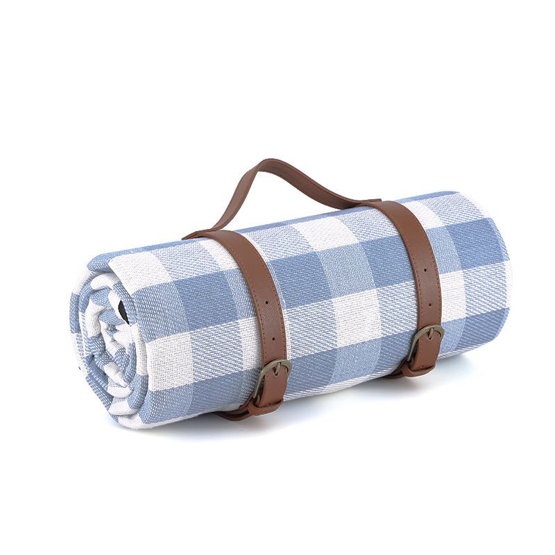 Outdoor Picnic Mat – 3-Layer Thickened Waterproof Camping Rug, Acrylic Sponge TPU, Portable Ground Sheet for Camping & Picnic.(150*200cm.[Leather strap] Blue and white check)