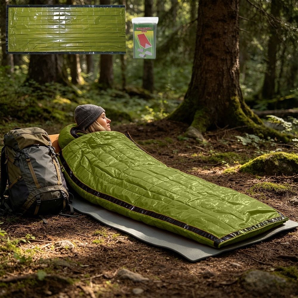 Emergency Sleeping Bag, 82.7 x 35.4 in Portable Thermal Waterproof Bivy Sack with Loud Survival Whistle & Drawstring Storage Bag for Outdoor Camping Hiking
