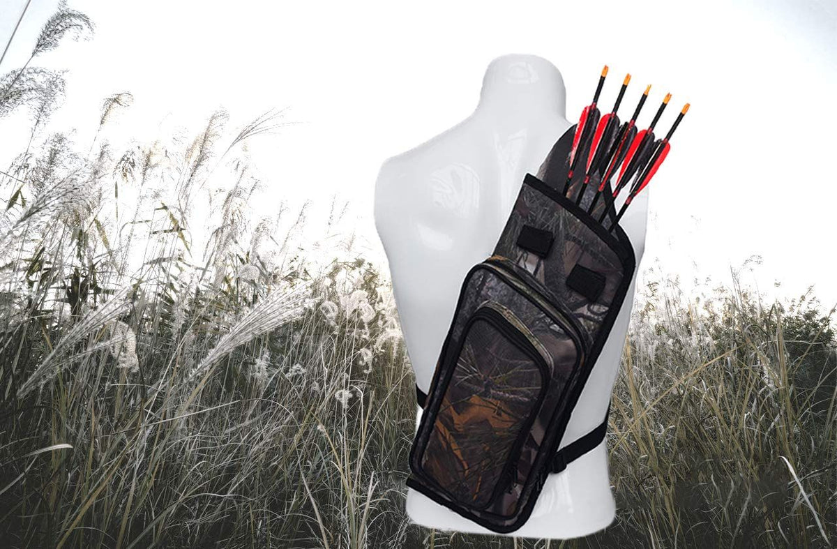 Back Arrows Holder Shoulder Bag 4-Tubes, Multi-Function Hunting Training Camo Archery Arrow Hip Holder for Arrows Takedown Bow