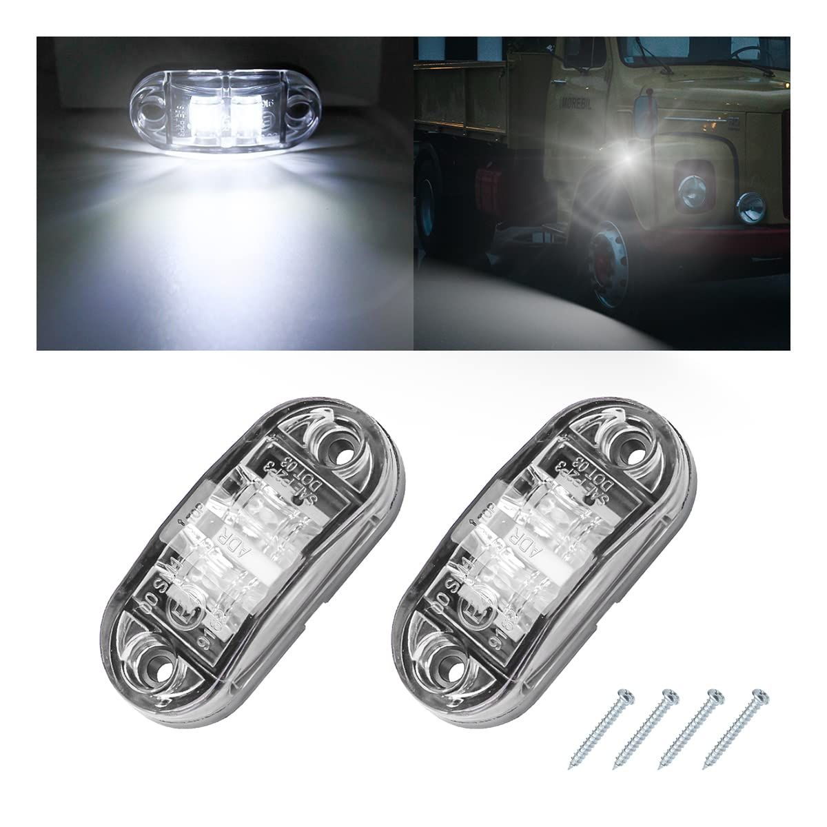2PCS LED Side Marker Light, 12-24V Waterproof Indicators Tail Lights Surface Mount for Car Truck Boat Marine RV Camper (White)