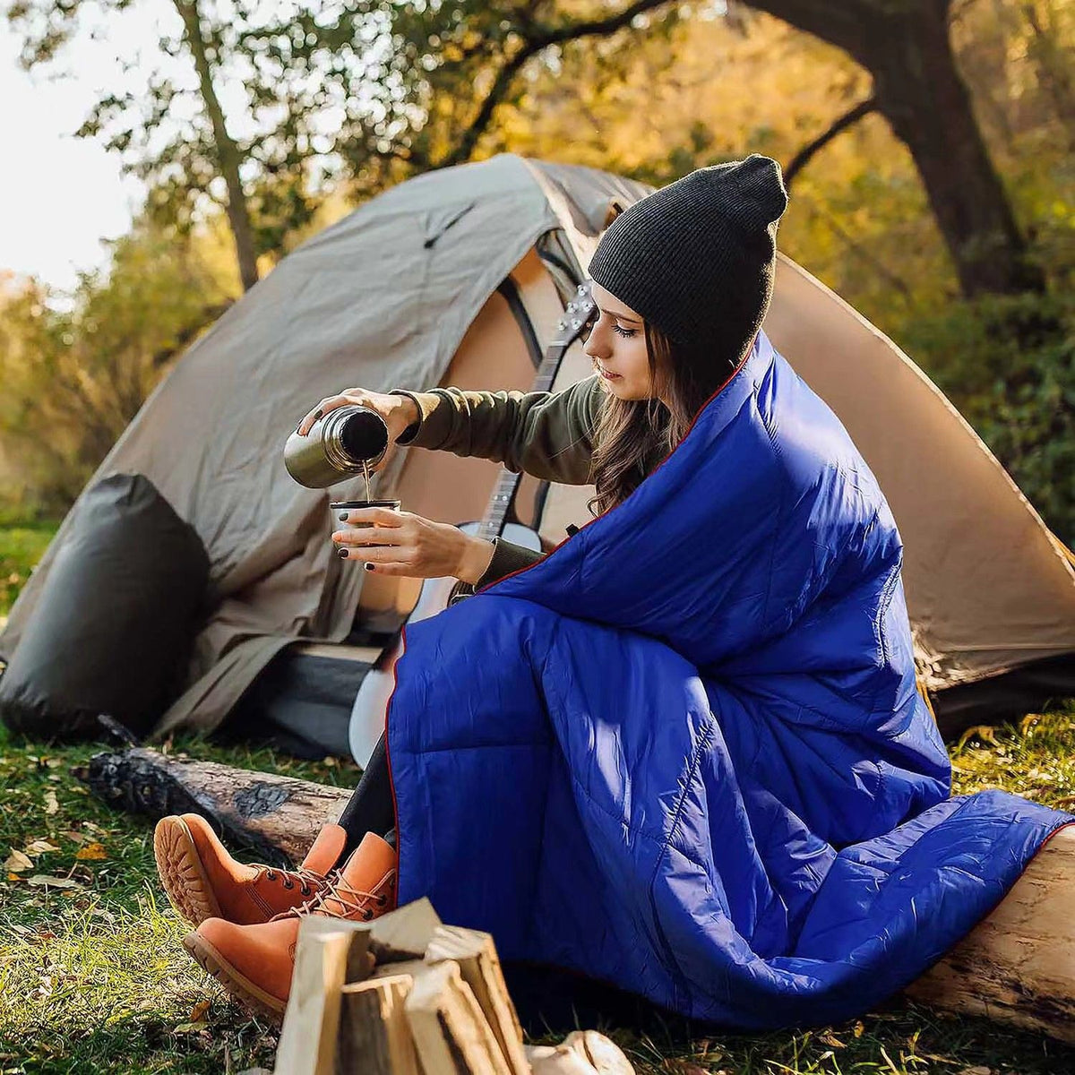 200x140cm Blue Large Outdoor Camping Down Cotton Wearable Warmth Blanket, Quilted Poncho Shawl Throw with Storage Bag, Lightweight Warm Camping Quilt for Camping Travel Home Use