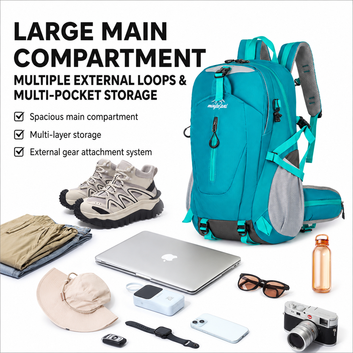 Fluorescent Green Hiking Backpack with 5 Carabiners Included – Lightweight Waterproof Outdoor Daypack for Men and Women, Breathable Cycling Hiking Trekking Camping Travel Backpack