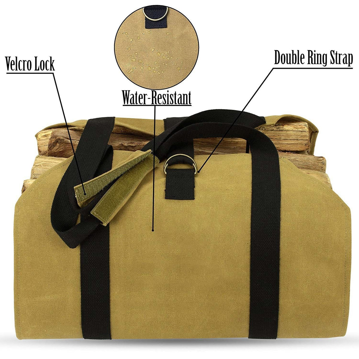 Black Waterproof Oxford Cloth Firewood Log Carrier Bag (99 x 48 CM) - Outdoor Camping & Fireplace Wood Tote with Velcro Lock and Ring Strap