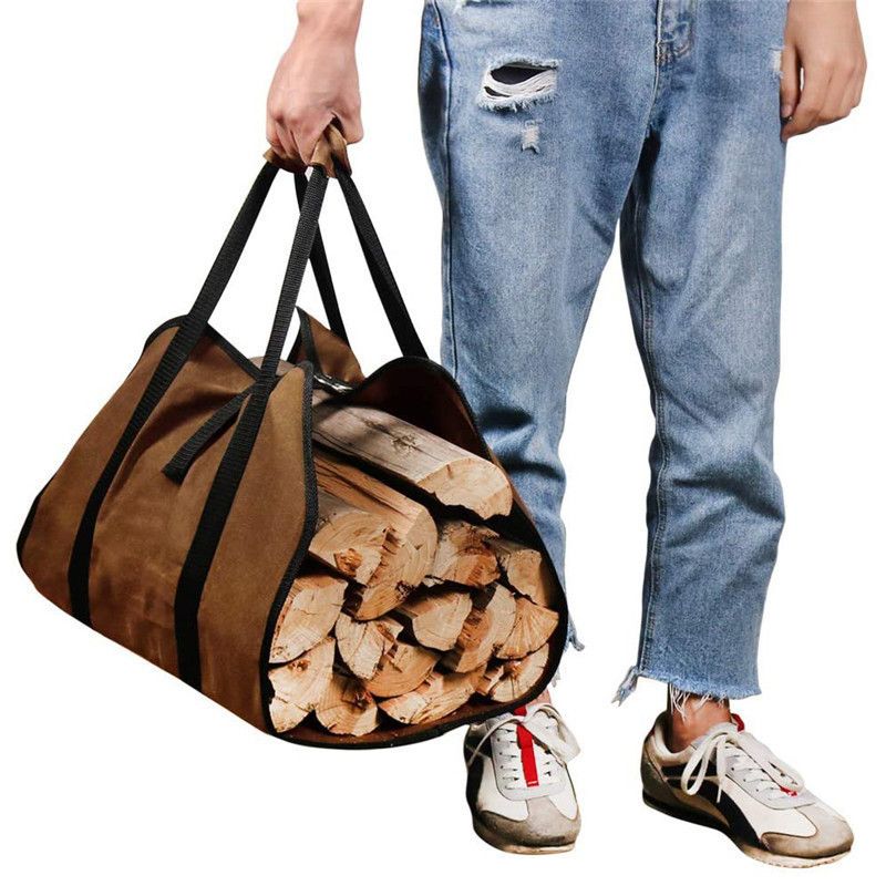 Black Waterproof Oxford Cloth Firewood Log Carrier Bag (99 x 48 CM) - Outdoor Camping & Fireplace Wood Tote with Velcro Lock and Ring Strap