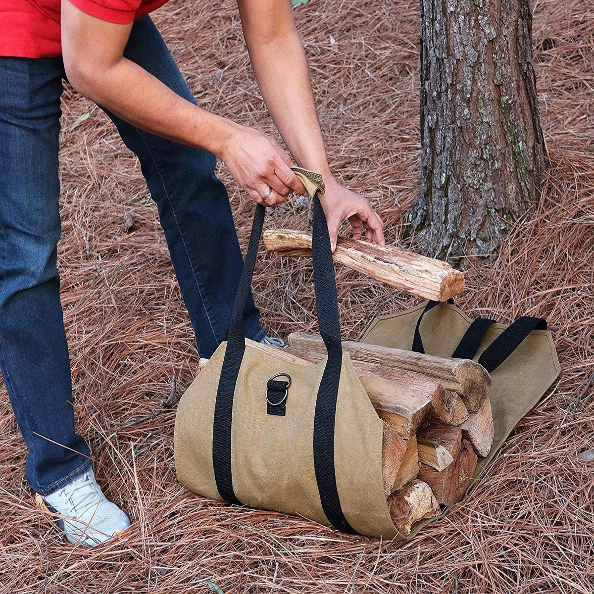 Brown Waterproof Oxford Cloth Firewood Log Carrier Bag (99 x 48 CM) - Outdoor Camping & Fireplace Wood Tote with Velcro Lock and Ring Strap