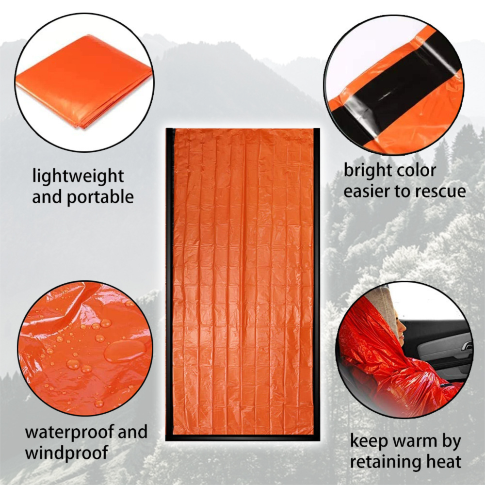 Orange Emergency Bivvy Survival Sleeping Bag - PE Aluminum Foil Thermal Blanket - Waterproof Windproof Heat Retention - Compact Outdoor Hiking Camping Safety Gear with Whistle