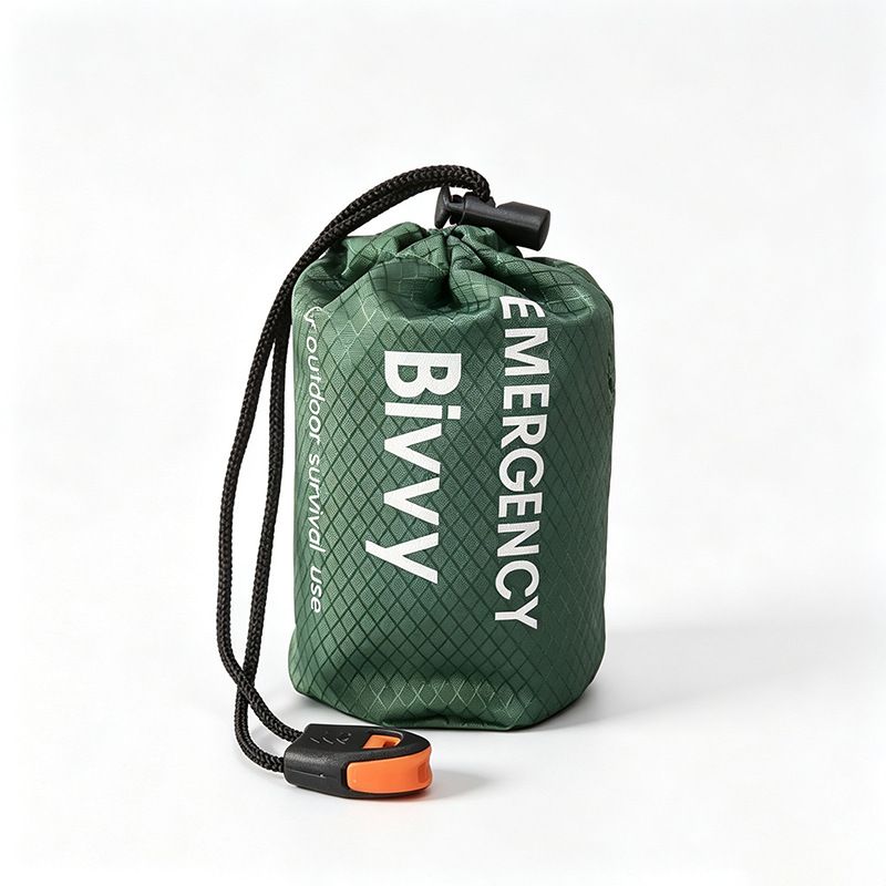 Green Emergency Bivvy Survival Sleeping Bag - PE Aluminum Foil Thermal Blanket - Waterproof Windproof Heat Retention - Compact Outdoor Hiking Camping Safety Gear with Whistle